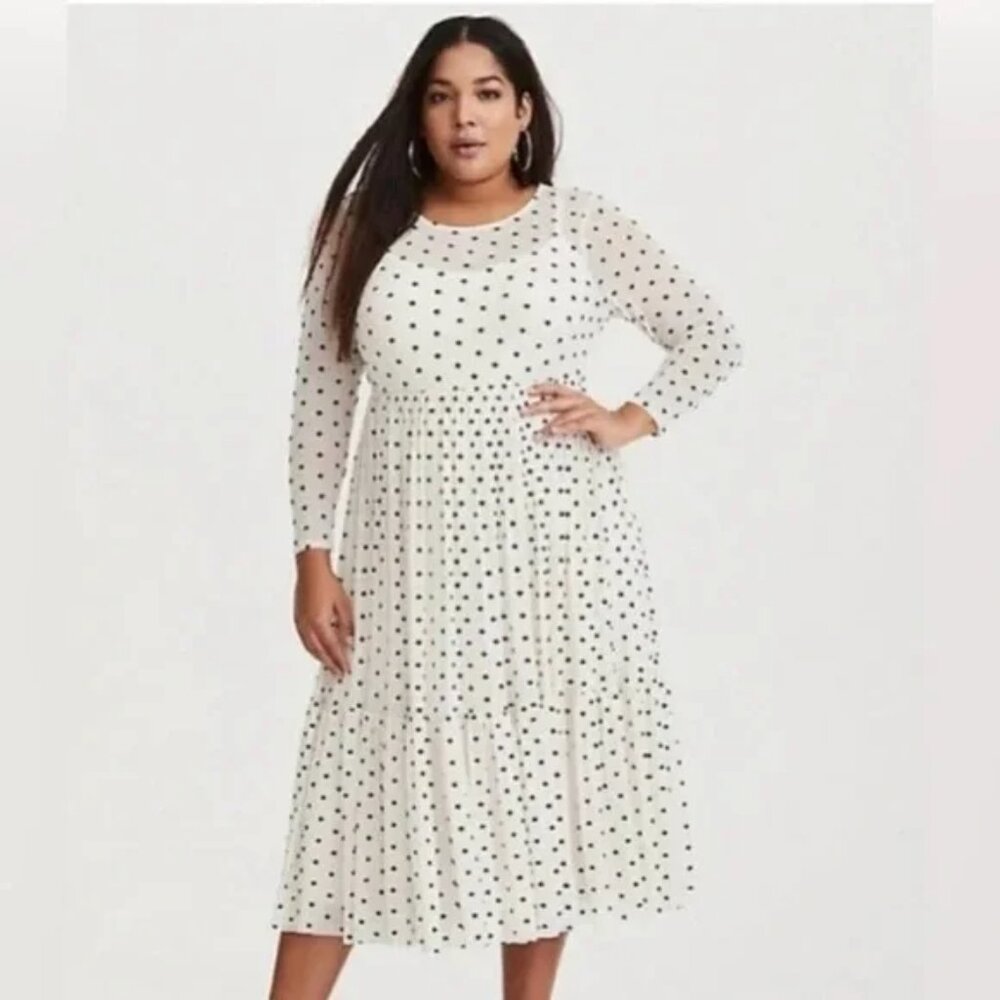 Plus Size White Polka Dot Long Sleeve Midi Dress
